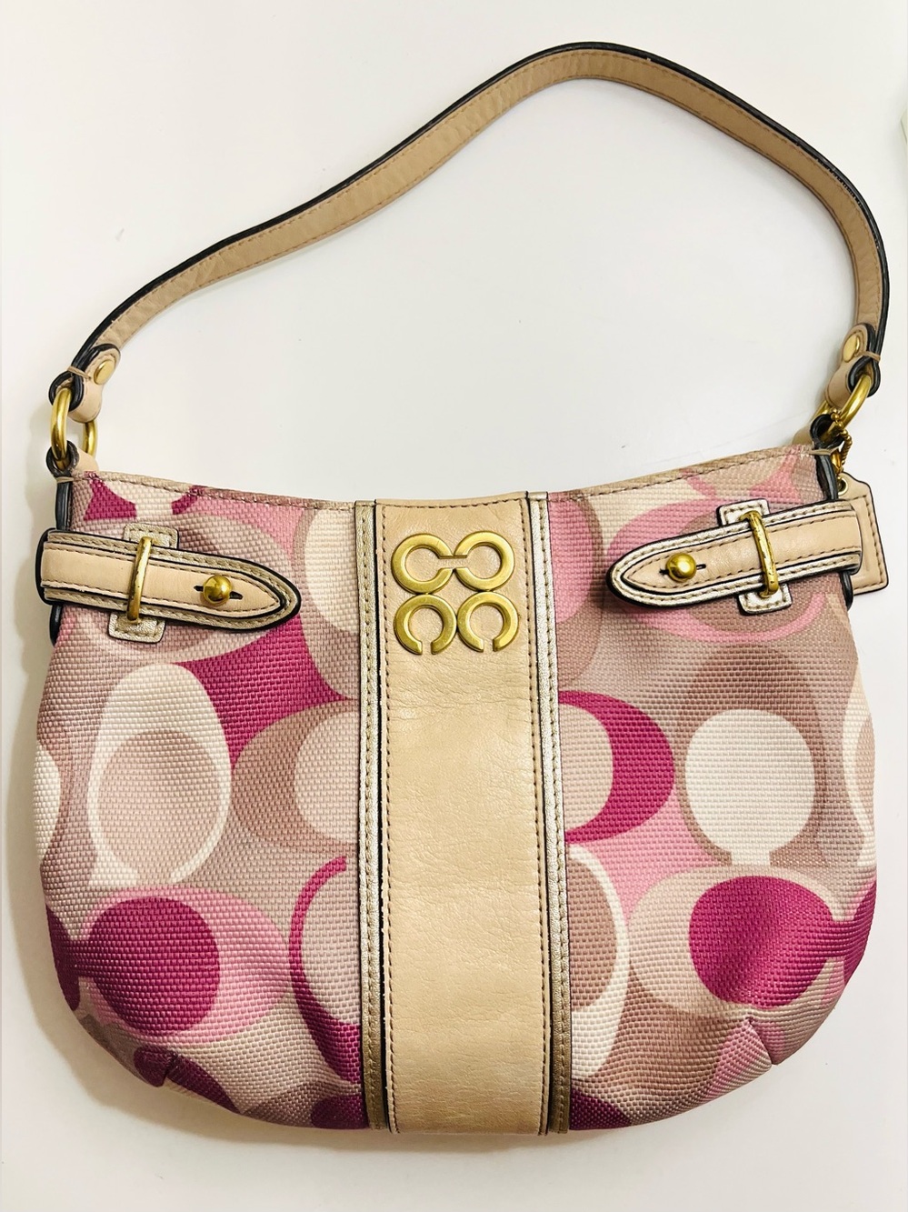 Coach Pink and Cream Signature Canvas Shoulder Bag